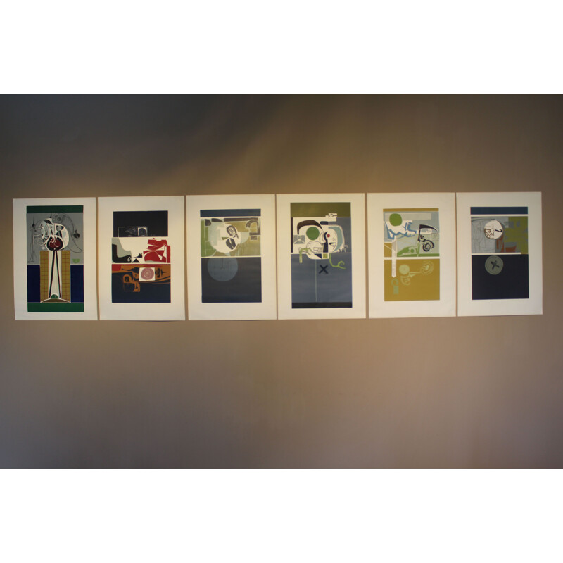 Ensemble de 6 tableaux abstraits vintage italiens 1966