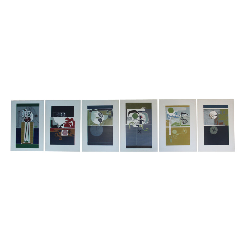 Ensemble de 6 tableaux abstraits vintage italiens 1966