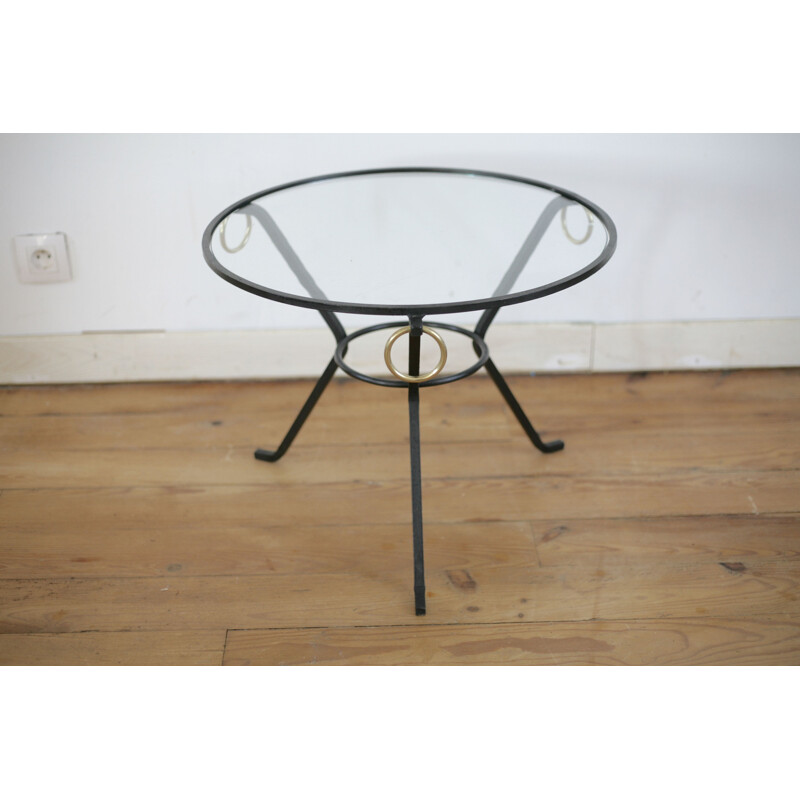 Vintage coffee table in black lacquered metal, glass and brass by Jacques Adnet, France 1950