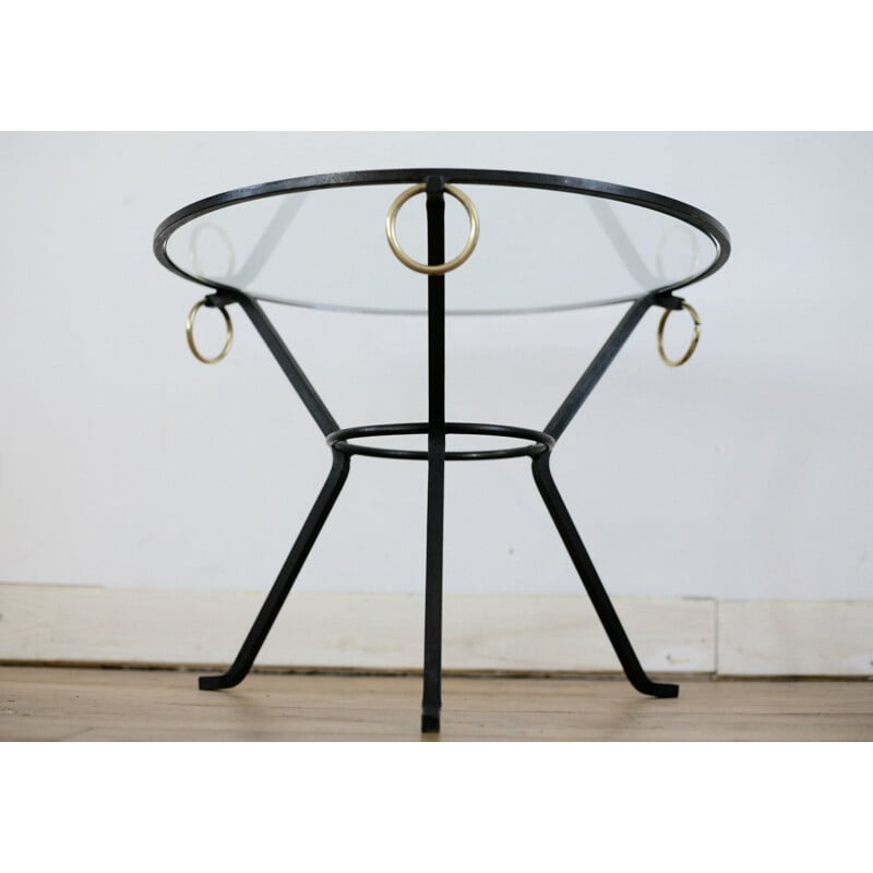 Vintage coffee table in black lacquered metal, glass and brass by Jacques Adnet, France 1950