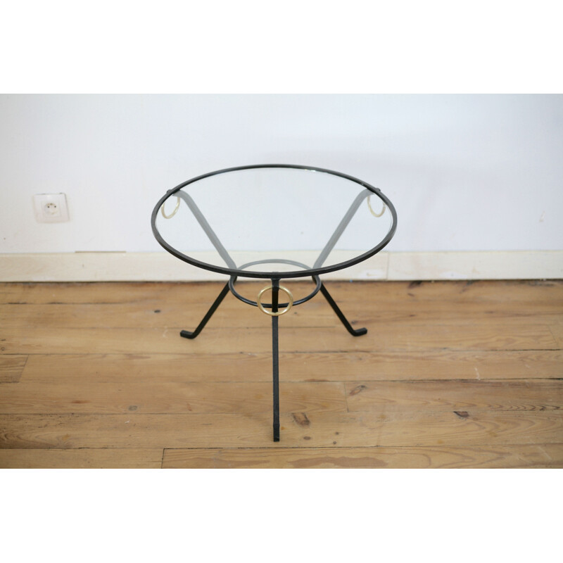 Mesa de café Vintage em metal preto lacado, vidro e latão por Jacques Adnet, França 1950