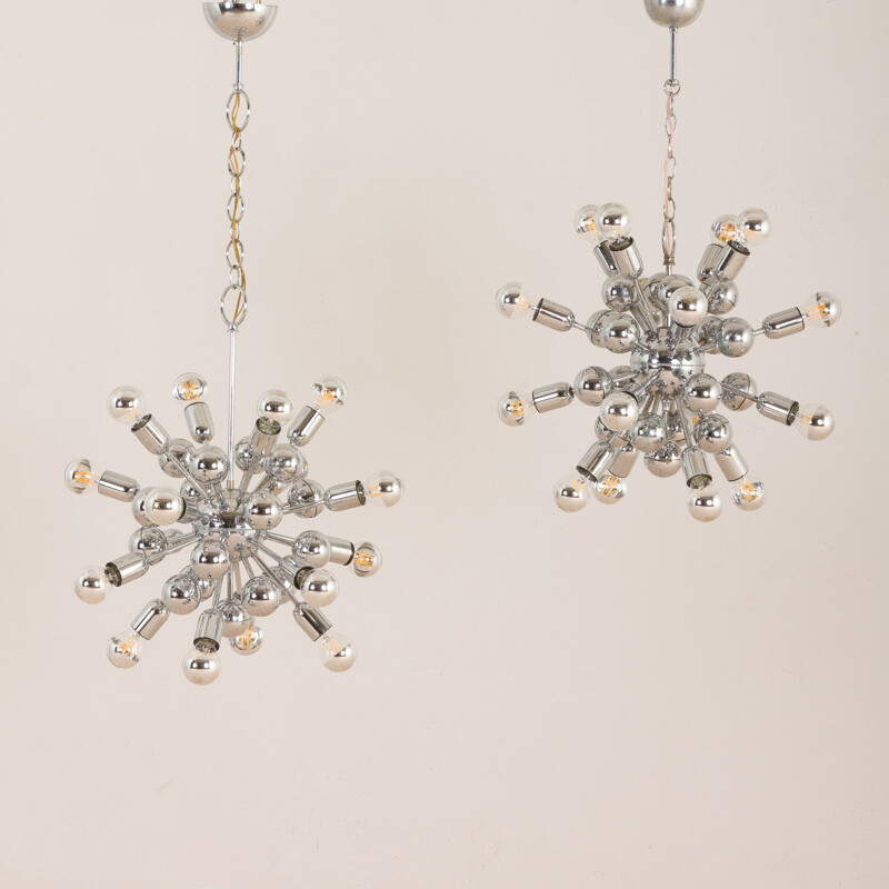 Pair of vintage chrome space age sputnik chandeliers 1970
