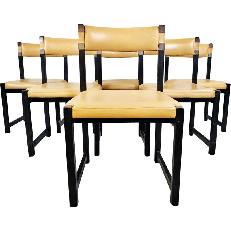 Set of 6 vintage chairs in wood and leather 1970s