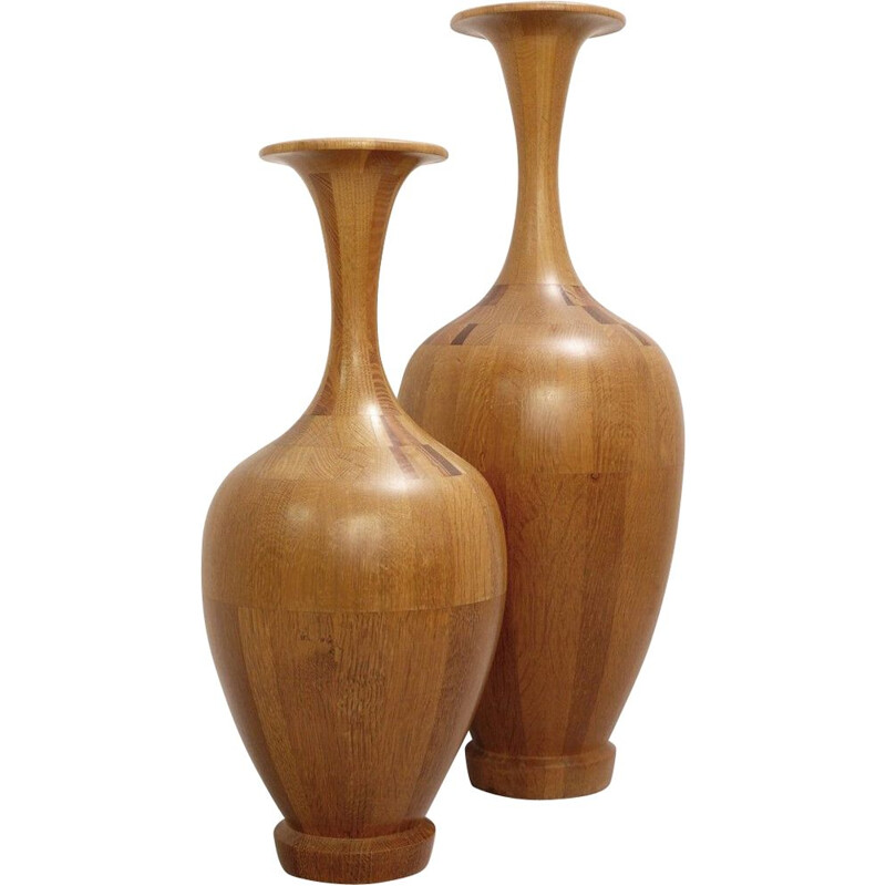 Paire de vases décoratifs vintage en bois par De Coene Frère Belgique 1960