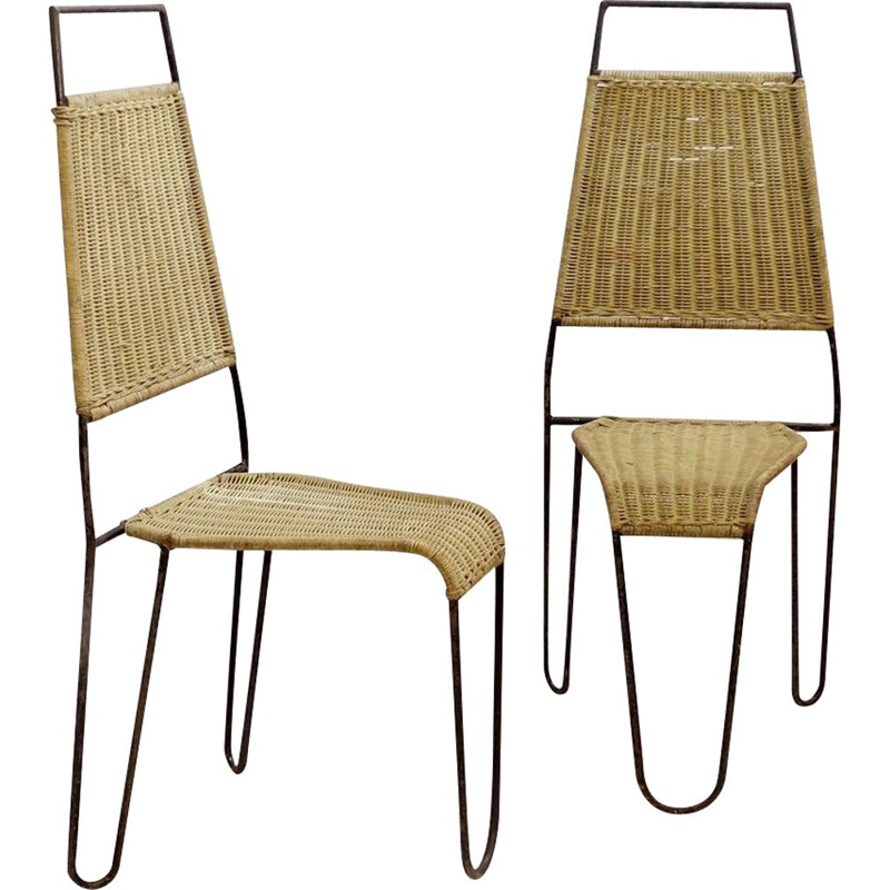 Pair of vintage chairs wicker and steel Raoul Guys For Airborne 1950s