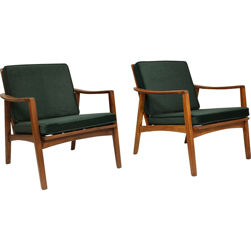 Pair of vintage armchairs in fir green velvet fabric Scandinavian 1960s