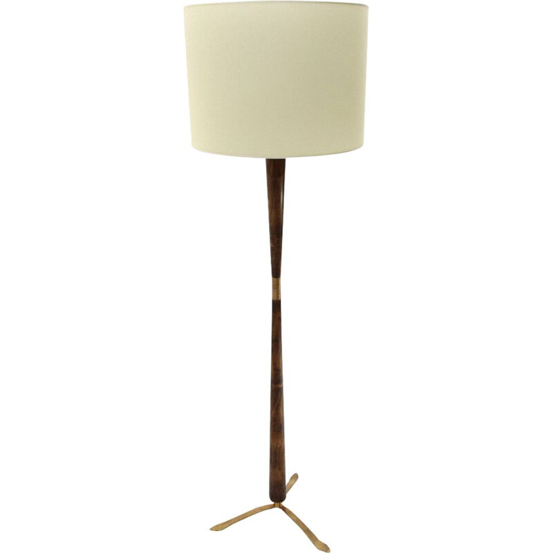 Vintage Floor lamp in brass and wood with parchment shade 1950s