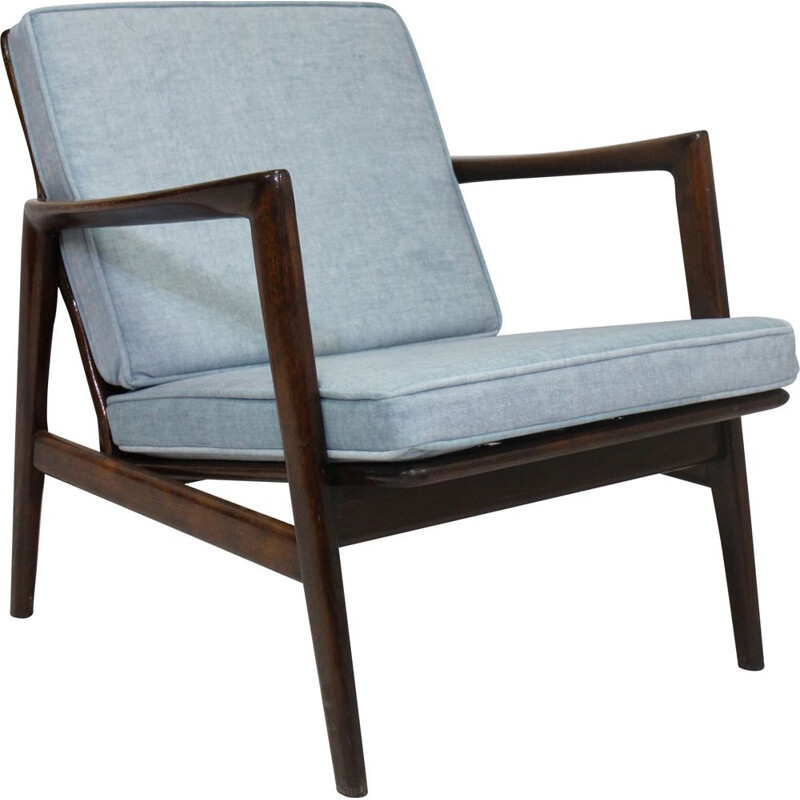 Vintage light blue beechwood armchair by Stefan from Swarzędzkie 1960