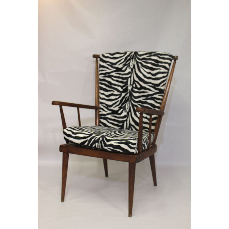 Vintage Baumann armchair in fan and zebra fabric 1960