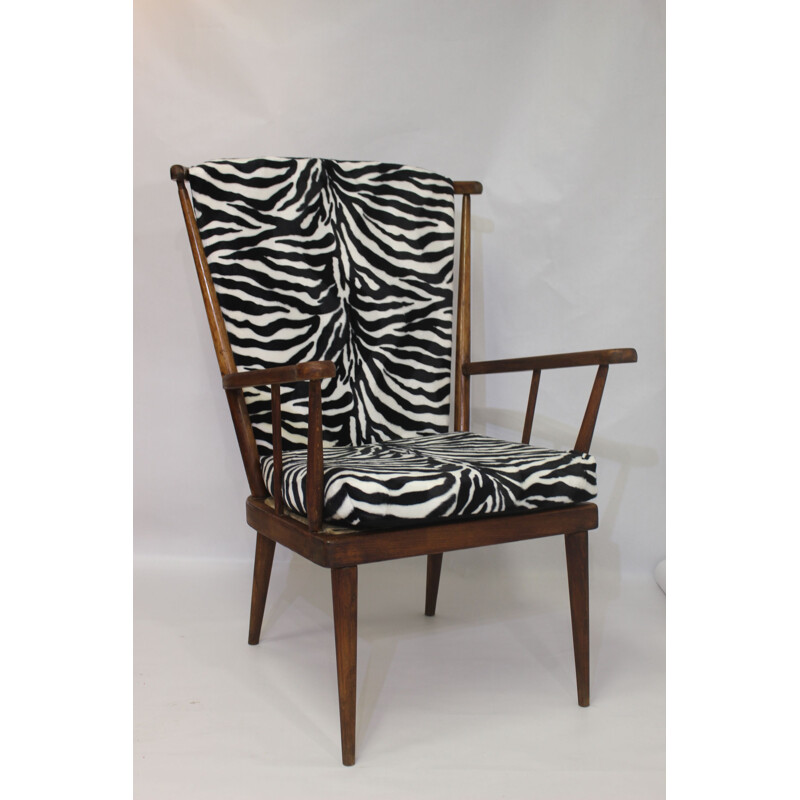 Vintage Baumann armchair in fan and zebra fabric 1960