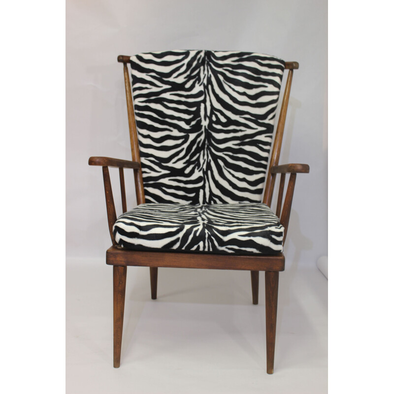 Vintage Baumann armchair in fan and zebra fabric 1960