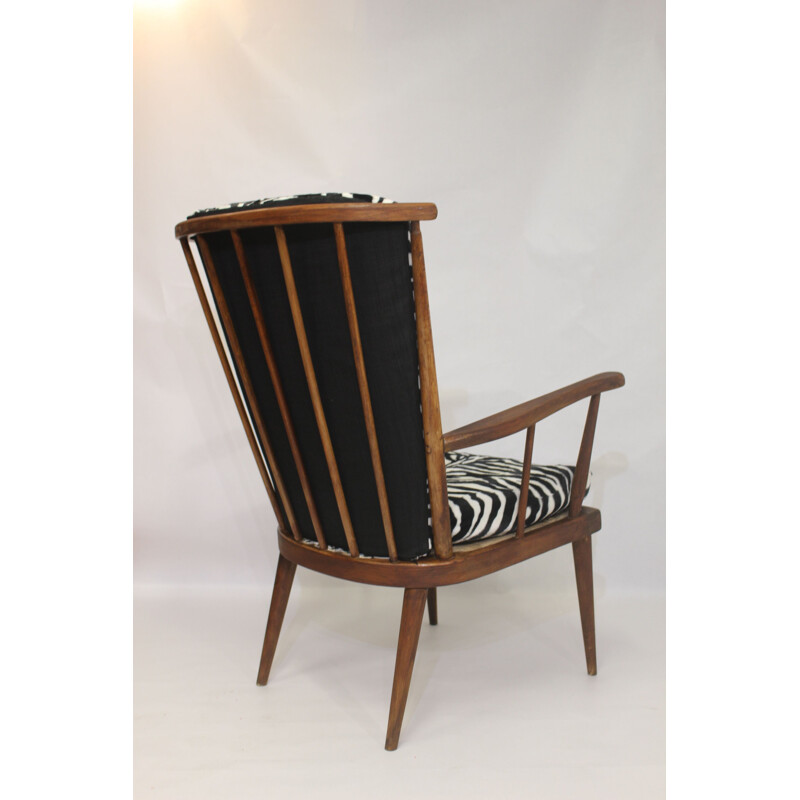 Vintage Baumann armchair in fan and zebra fabric 1960