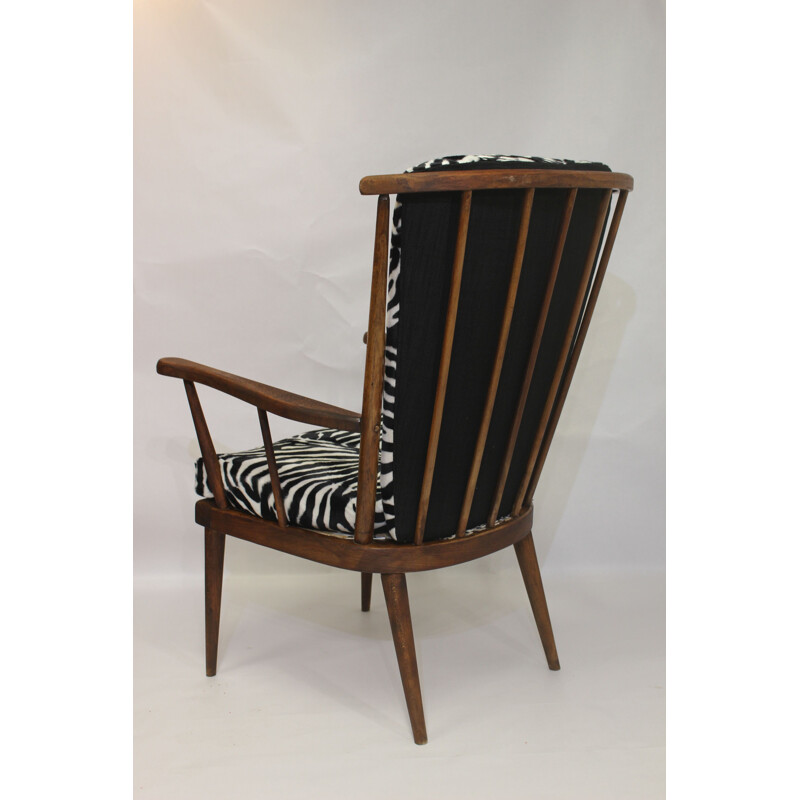 Vintage Baumann armchair in fan and zebra fabric 1960