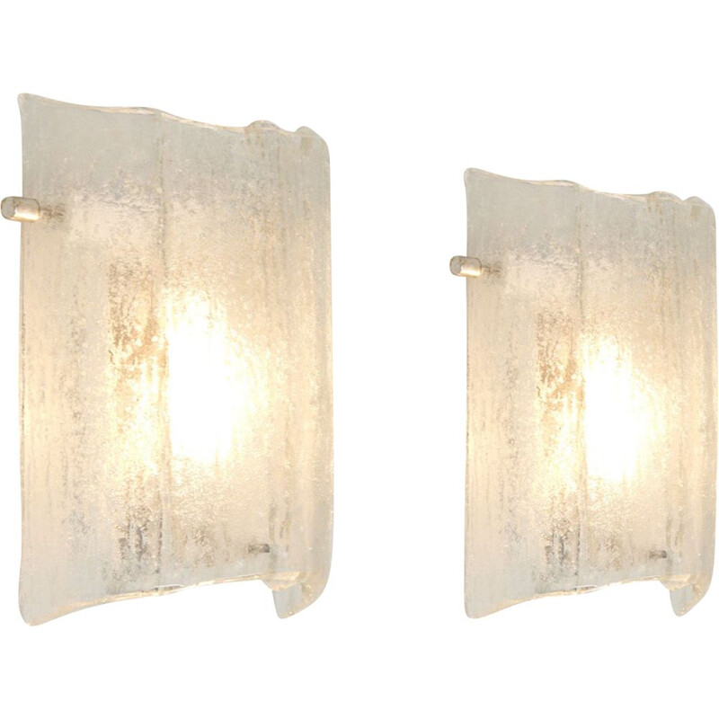 Pair of vintage wall lights in ice glass Kaiser Leuchten Germany 1970 
