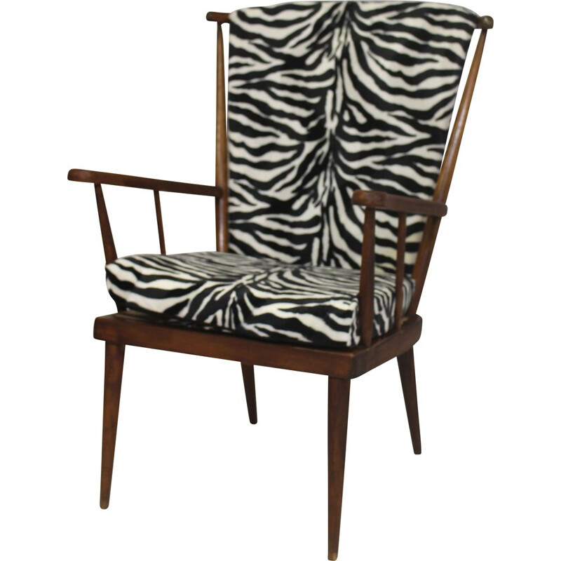 Vintage Baumann armchair in fan and zebra fabric 1960