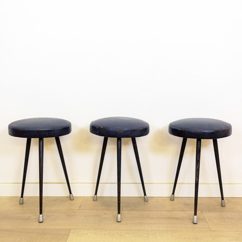 Set of 3 vintage Steel And Leather Low Stools