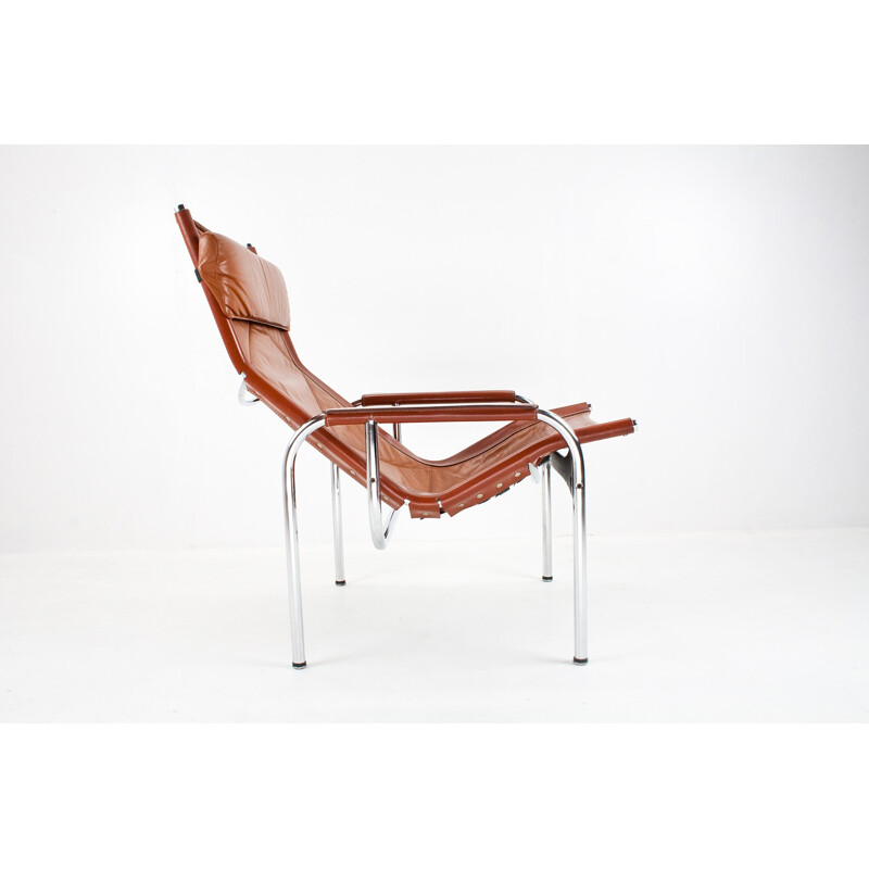Reclining lounge chair in leather and chrome, Hans EICHENBERGER - 1970s