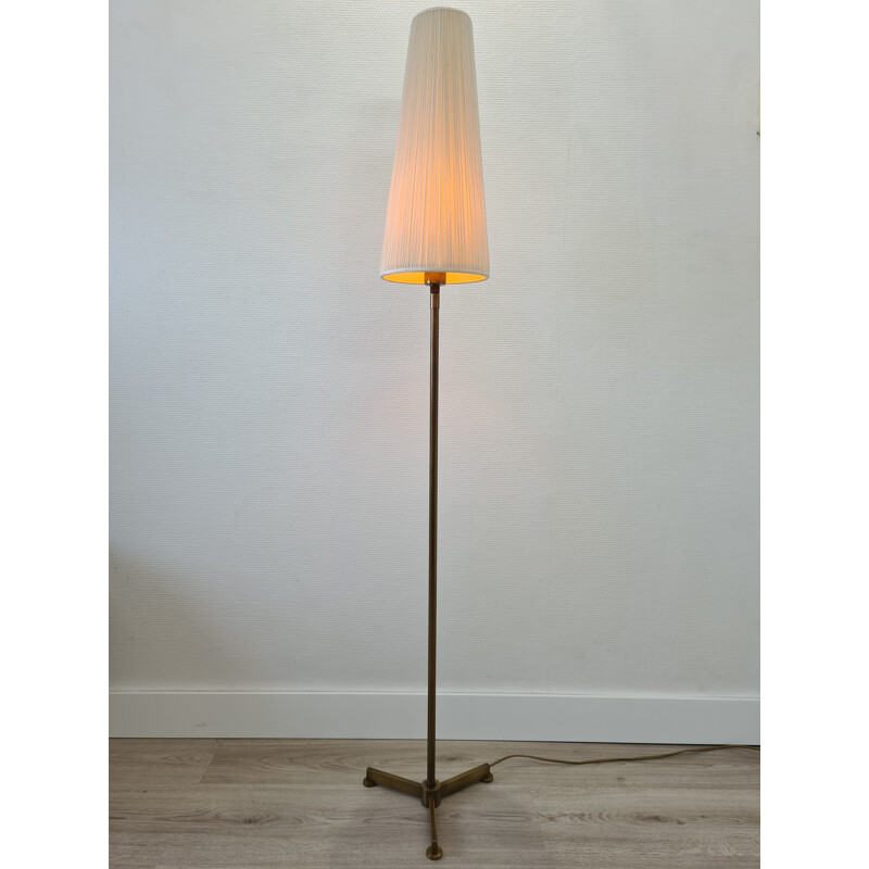 Vintage Minimalistic brass tripod floor lamp with a conical fabric shade 1970s