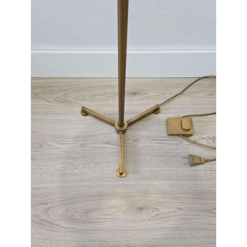 Vintage Minimalistic brass tripod floor lamp with a conical fabric shade 1970s