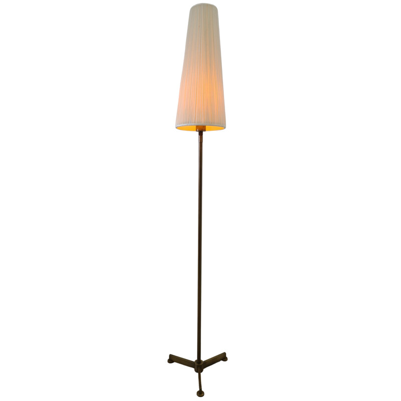 Vintage Minimalistic brass tripod floor lamp with a conical fabric shade 1970s