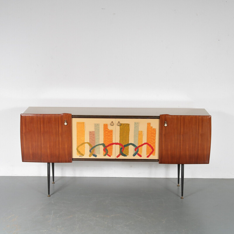 Vintage Italian Sideboard with Signed Painting on the Doors 1950s