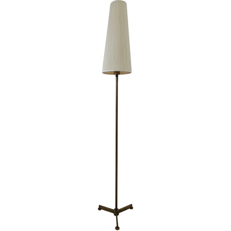 Lampadaire minimaliste vintage en laiton sur trépied avec un abat-jour conique en tissu 1970