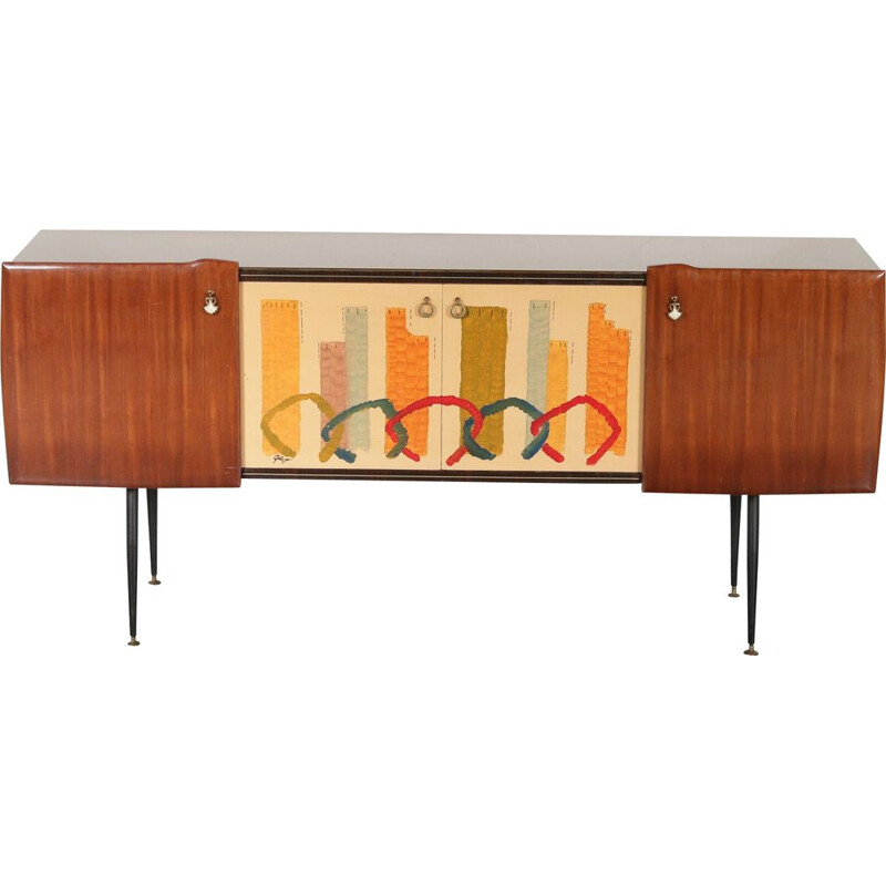 Vintage Italian Sideboard with Signed Painting on the Doors 1950s