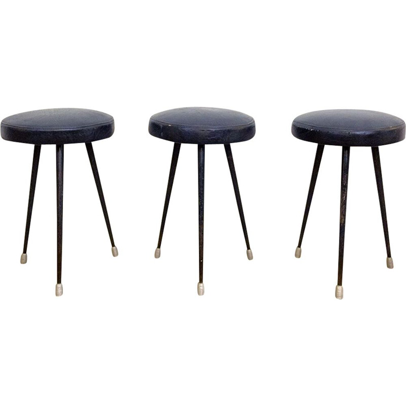 Set of 3 vintage Steel And Leather Low Stools