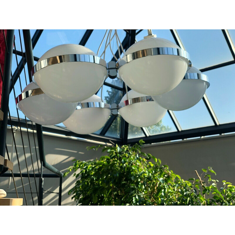 Vintage chrome plated metal saucer suspension and plexi 6 globes 1970s
