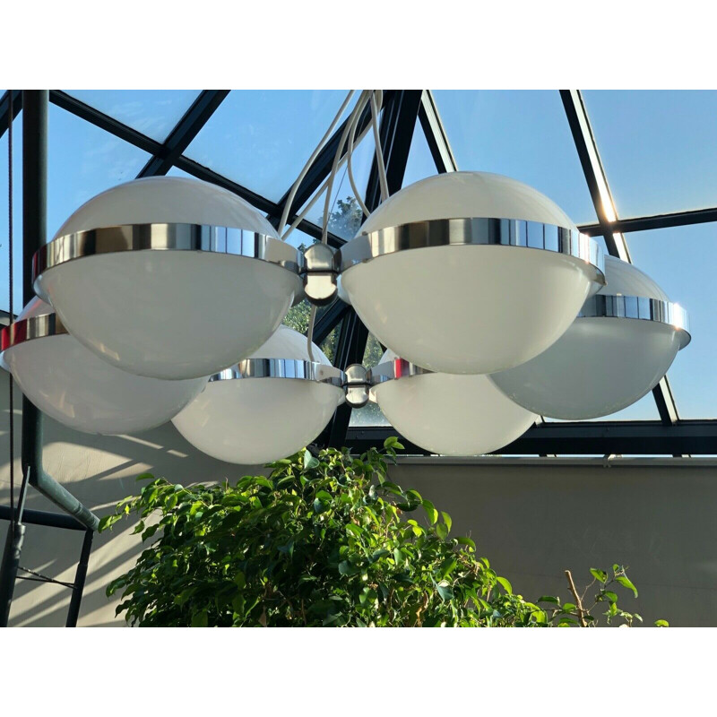 Vintage chrome plated metal saucer suspension and plexi 6 globes 1970s