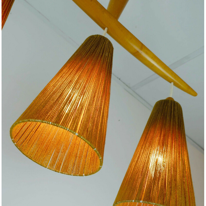 Mid-century modern 3-light Pendant lamp cherrywood and cord 1960s