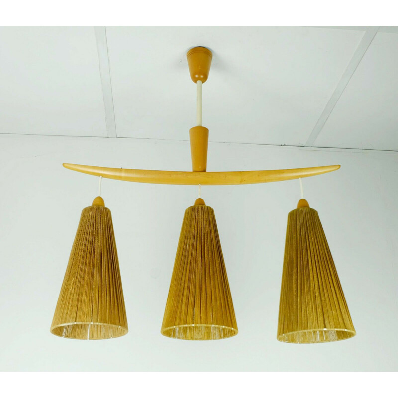 Mid-century modern 3-light Pendant lamp cherrywood and cord 1960s