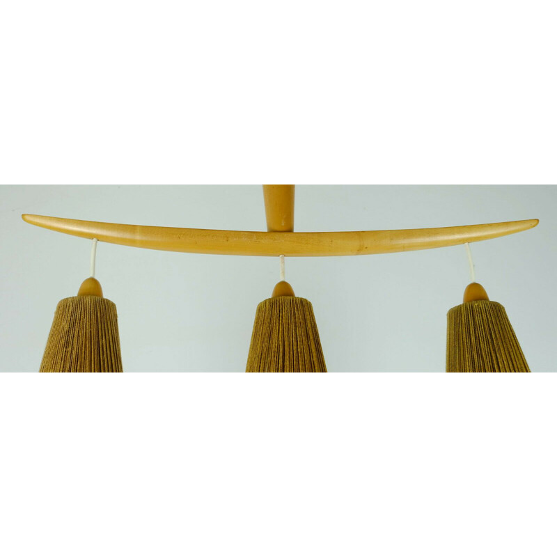 Mid-century modern 3-light Pendant lamp cherrywood and cord 1960s