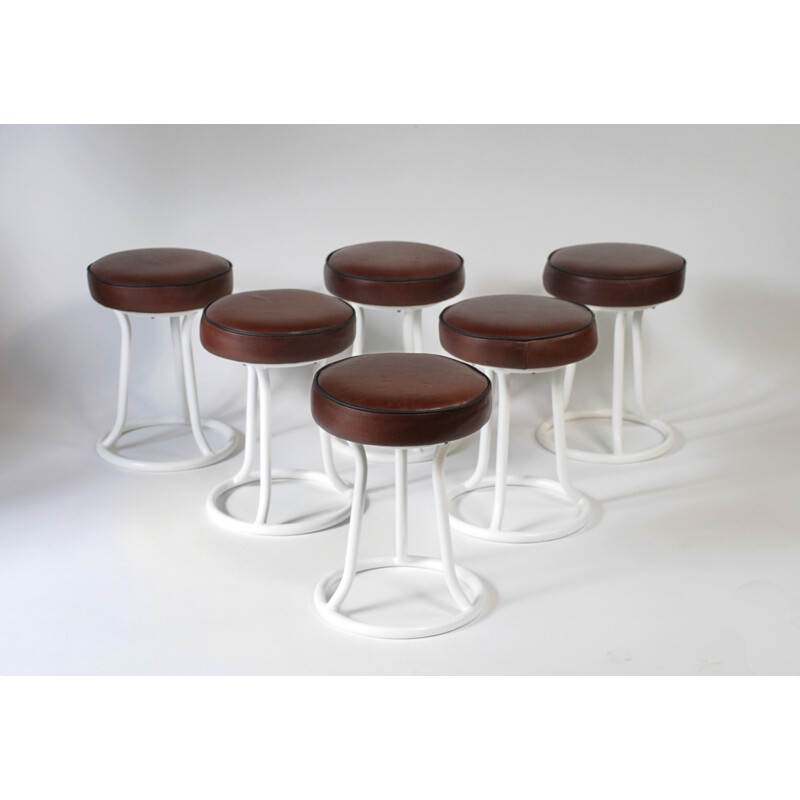 Set of 6 stools in tubular metal and leather - 1930s