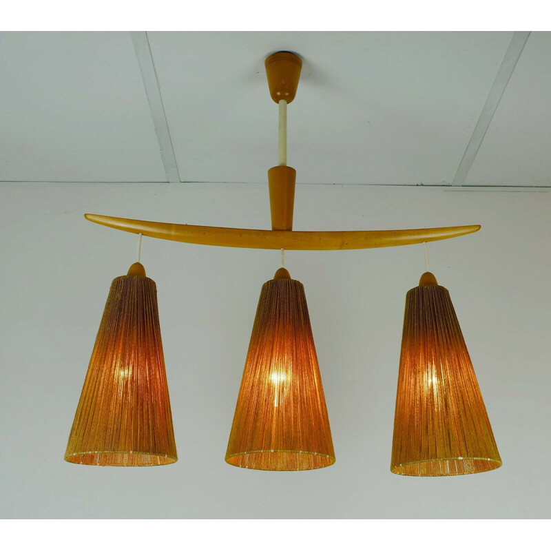 Mid-century modern 3-light Pendant lamp cherrywood and cord 1960s