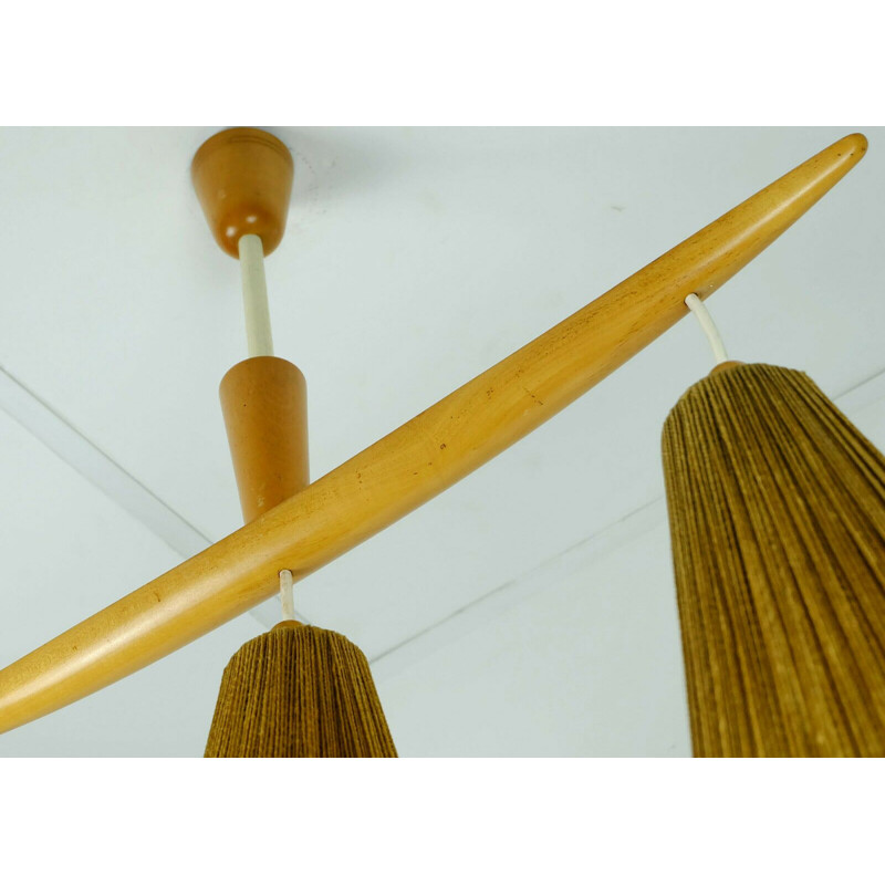 Mid-century modern 3-light Pendant lamp cherrywood and cord 1960s