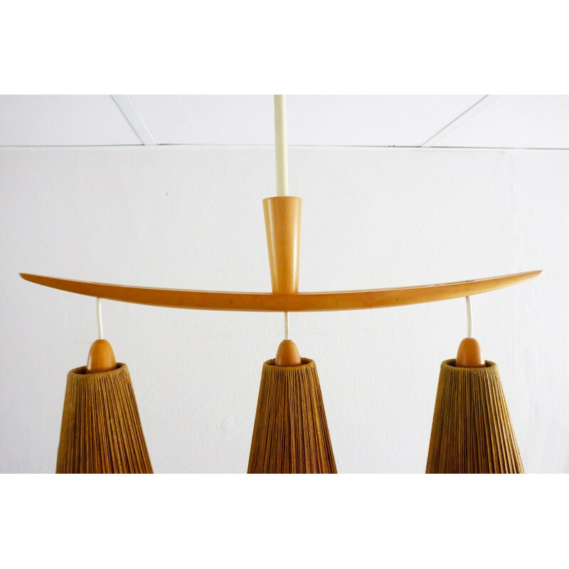 Mid-century modern 3-light Pendant lamp cherrywood and cord 1960s