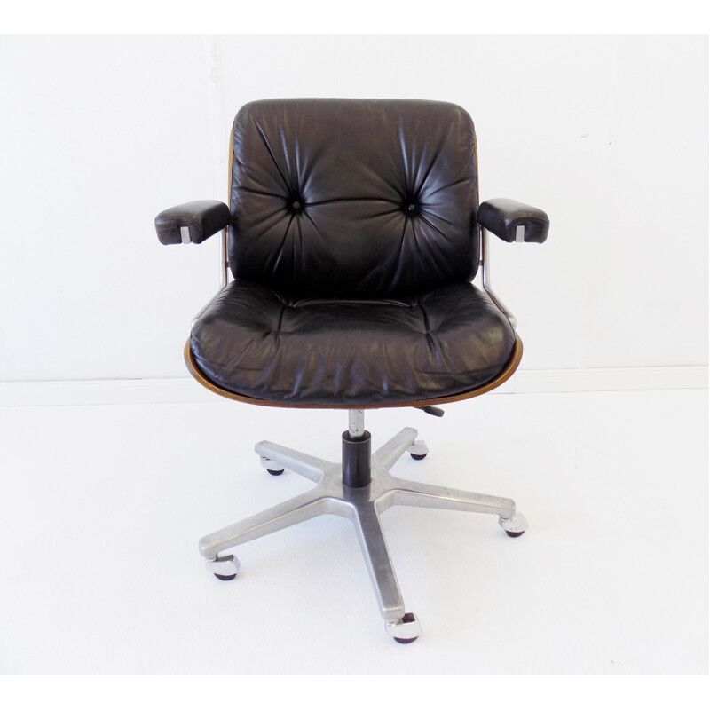 Vintage Stoll Giroflex black leather office armchair by Karl Dittert