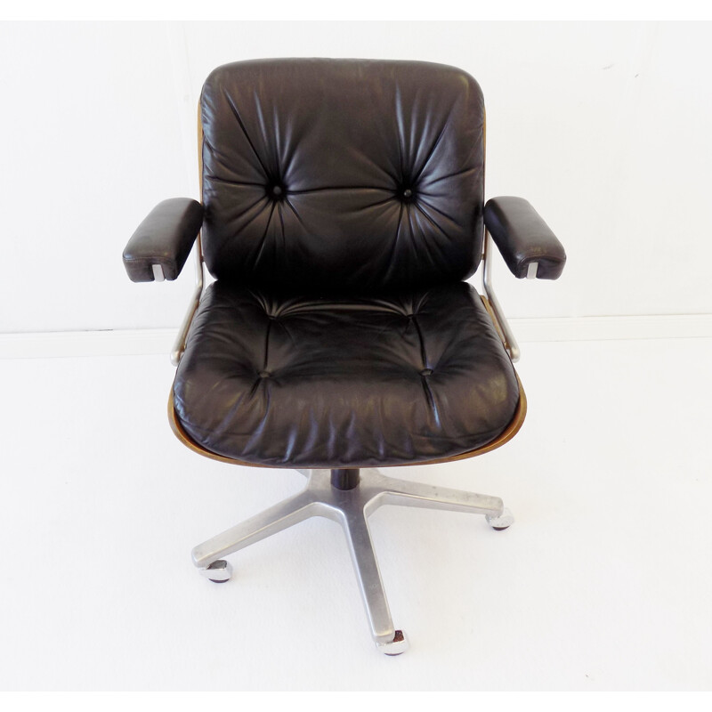 Vintage Stoll Giroflex black leather office armchair by Karl Dittert