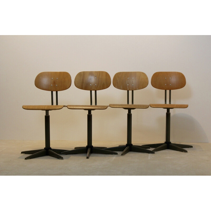 Set of 5 industrial plywood swivel chairs - 1960s