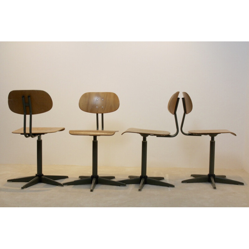 Set of 5 industrial plywood swivel chairs - 1960s