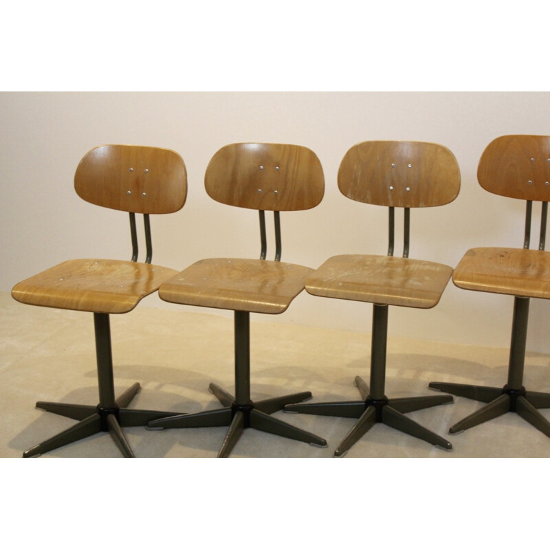 Set of 5 industrial plywood swivel chairs - 1960s