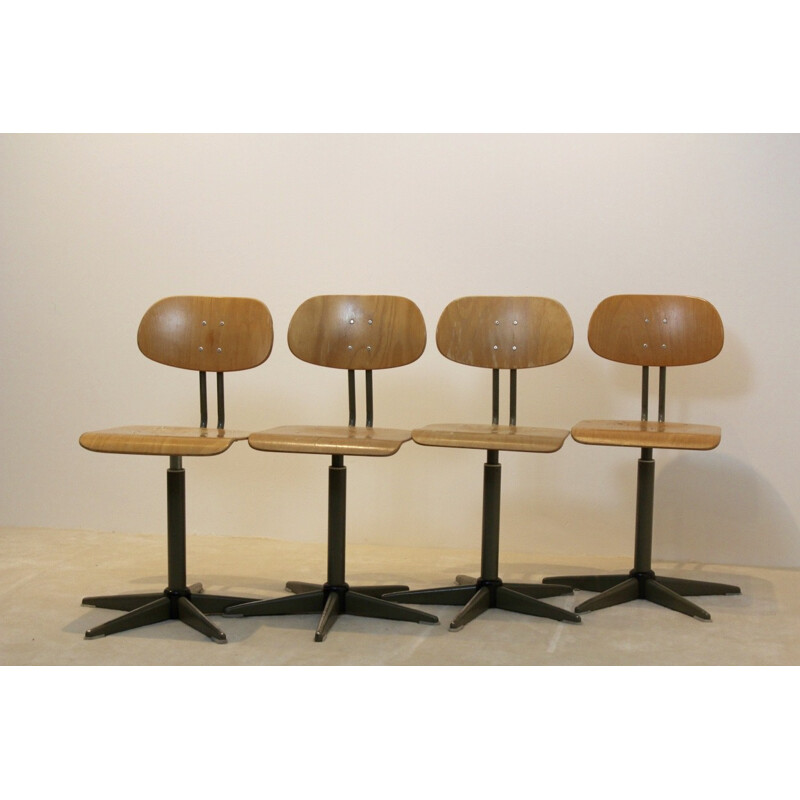 Set of 5 industrial plywood swivel chairs - 1960s