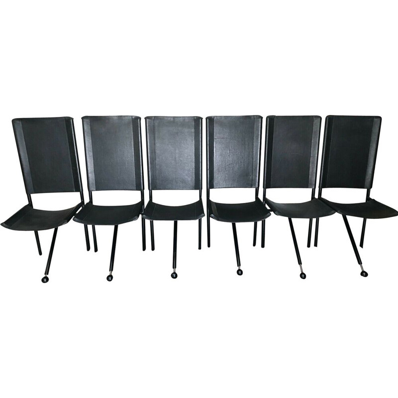 Set of 6 vintage tripod chairs in black leather and black metal 1970s