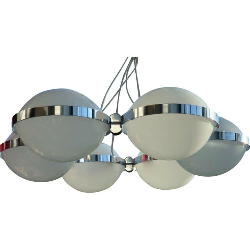 Vintage chrome plated metal saucer suspension and plexi 6 globes 1970s