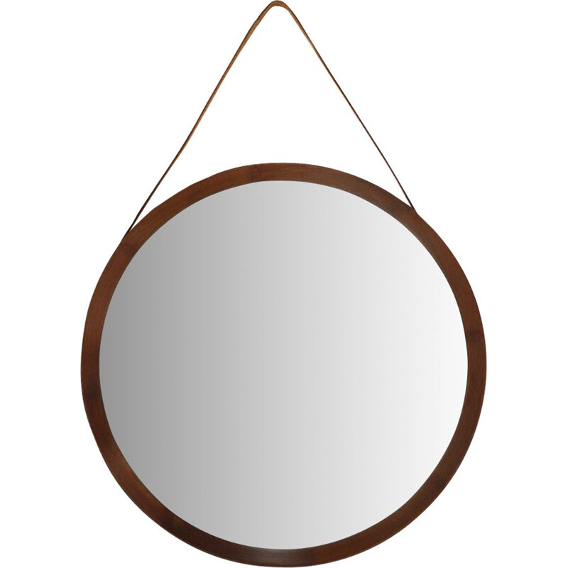 Miroir vintage rond avec cadre en bois 1950