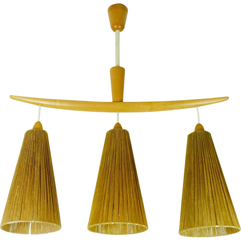 Mid-century modern 3-light Pendant lamp cherrywood and cord 1960s