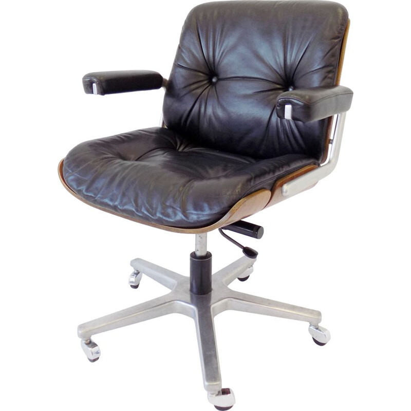 Vintage Stoll Giroflex black leather office armchair by Karl Dittert