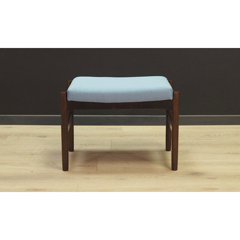 Vintage footrest in oak wood and light blue Scandinavian fabric 1970