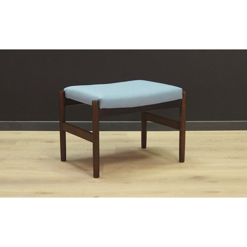 Vintage footrest in oak wood and light blue Scandinavian fabric 1970